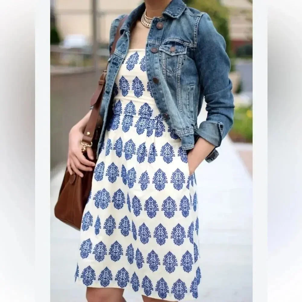 J. CREW FILIGREE-EMBROIDERED-STRAPLESS BEACH DRESS IVORY/BLUE SIZE 2